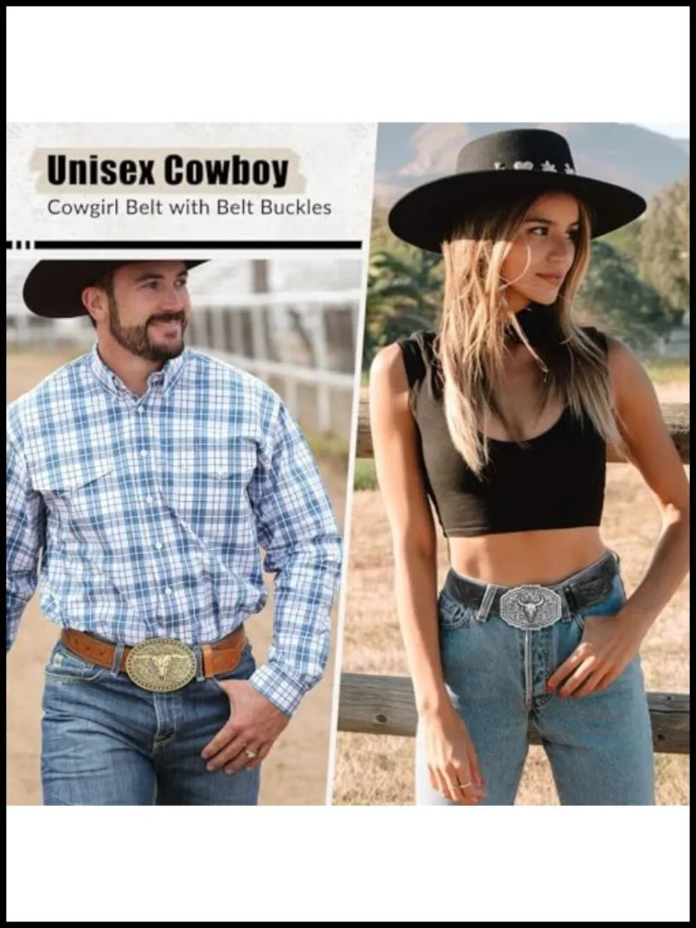 2 Pack Cowboy Belt Set Genuine Leather Western Belt Buckle Metal Gift